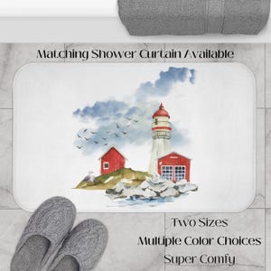 Ocean Decor Bath Mat, Coastal Lighthouse Bathroom Decor, Ocean Beach Vibes Rug, Seagulls Shoreline, Nautical Home Accents, Housewarming