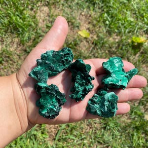 Puede incluir: Cinco piezas de cristal de malaquita en bruto de diferentes formas y tamaños. La malaquita es de un color verde vibrante con una textura rugosa y natural.