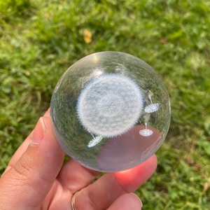May include: A clear glass sphere with a white dandelion design inside. The sphere is being held in a hand.