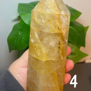 Puede incluir: Una gran punta de cristal de cuarzo transparente con un tono amarillo dorado. El cristal tiene una forma natural facetada y mide aproximadamente 15 cm de alto. El cristal est&aacute; sentado en una mesa con una planta verde en el fondo.