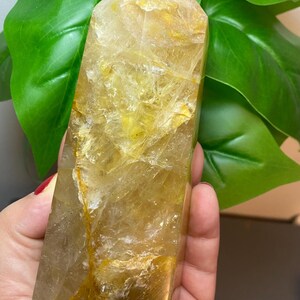 Puede incluir: Una gran punta de cristal de cuarzo transparente con un tono amarillo dorado. El cristal tiene un aspecto natural y bruto con muchas inclusiones y estr&iacute;as.