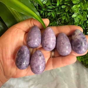 May include: Six smooth, polished, lavender lepidolite crystal eggs. The eggs are various sizes and shapes, and have a natural, cloudy, and slightly translucent appearance.