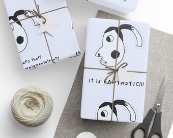 May include: Three white gift boxes wrapped with black and white illustrations of faces. The boxes are tied with brown twine and have tags with the text "It is FANTASTIC!!" and "FANTASTIC!!".