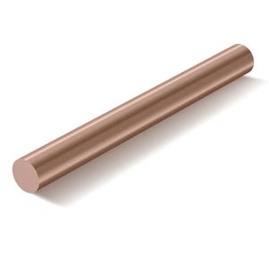 May include: A copper-colored metal rod with a rounded cross-section. The rod is a solid, cylindrical shape, and it is lying diagonally across a white surface. The metal has a smooth, polished appearance.