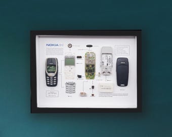 Framed Nokia 3310 Teardown Art – Retro Phone Display, Tech Gift