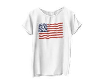 May include: White t-shirt with a printed American flag design. The flag includes a QR code in the top left corner and red and white stripes. The shirt is made of a soft fabric.