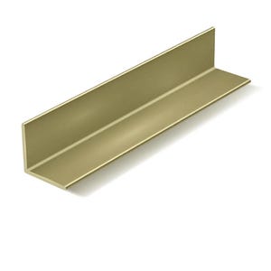 May include: A gold-colored, right-angle metal corner trim piece. The trim has a smooth, matte finish and is designed to protect and cover the corner of a surface. The trim is made of a durable material and is suitable for various construction and DIY projects.
