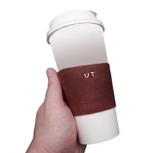 Personalized Leather Coffee Cup Sleeve: Initials Engraved, Handmade