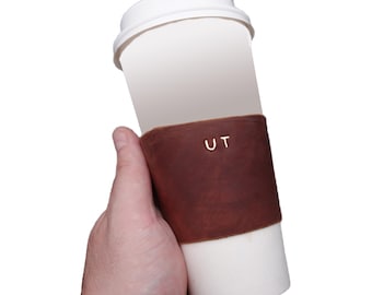 Personalized Leather Coffee Cup Sleeve: Initials Engraved, Handmade