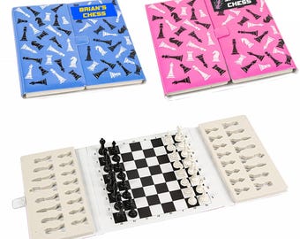 Personalized Portable Chess Set – Magnetic Travel Chess Board for Kids, Adults, Custom Name & Image Option (Pink - Blue)