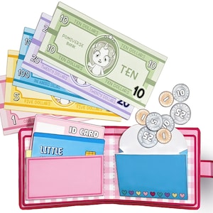 Cartera artesanal y dinero para niños, dinero ficticio, tamaño real, artesanía de papel para niños, muñecas de papel imprimibles, dólares de mamá, pompón, cartera imprimible
