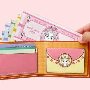 Druckbare Geldbörse und Geldbörse für Kinder, echte Größe, Spielgeld, Bastelmappe, PomPom, Squish