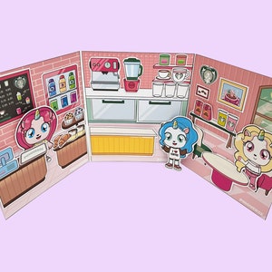 Digital Unicorn Paper Doll- Coffee house By POMIVERSE, Printable Dollhouse, Paper Dolls, Activities for Kids, Busy Book for kids