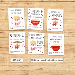 Tarjetas de San Valentín con palomitas de maíz para niños, tarjetas de San Valentín para niños, etiquetas de San Valentín con palomitas de maíz, tarjetas de San Valentín para la escuela para imprimir, TAL CUAL, descarga instantánea, editables