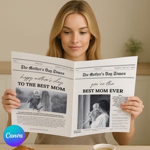 Editable Mothers Day Newspaper Template, Personalized Mothers Day Gift, Printable Mothers Day Card, Flower Bouquet wrap, Gift for Her
