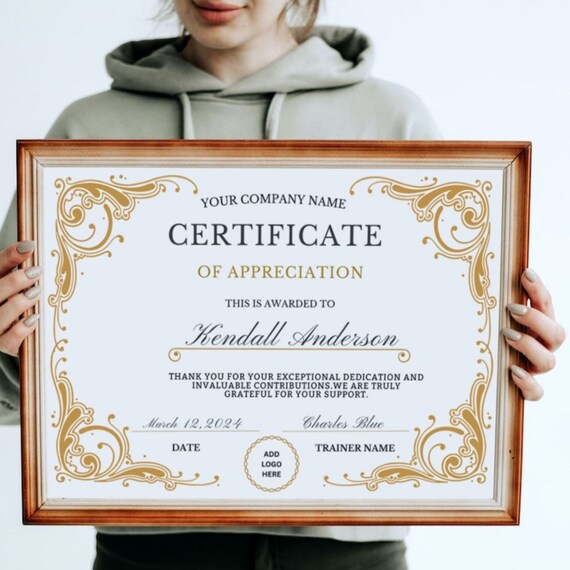 Printable Certificate Of Appreciation Editable Certificate Etsy