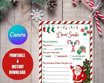 Letter to Santa, Santa Wish List, Dear Santa Letter Printable, Christmas Wish List for Kids, Christmas Letter Template, Instant Download