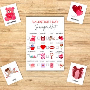 Búsqueda del tesoro del día de San Valentín para imprimir, juego de San Valentín para niños, juego de interior, actividad de San Valentín para el aula para niños