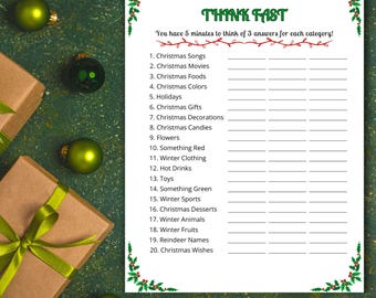 Think Fast Game, Holiday Party Game, Christmas Printable Game, Printable Christmas Game, Christmas Trivia Game, Work Party Game