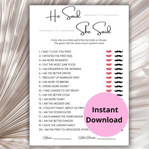 He Said She Said Bridal Shower Game: Fun Engagement Party Activity (Instant Download)
