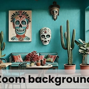 Zoom Virtual Background, Cinco de Mayo Background, Stylish Mexican Home Office with cactus for Video Background, Cinco de Mayo Theme Blue