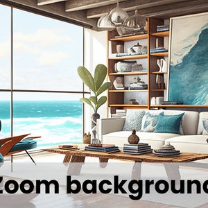 Zoom Virtual Background, Ocean Sea Island Views Modern Office Built-in Shelves Afternoon Light Neutral with Pops of Blue Wood Floors