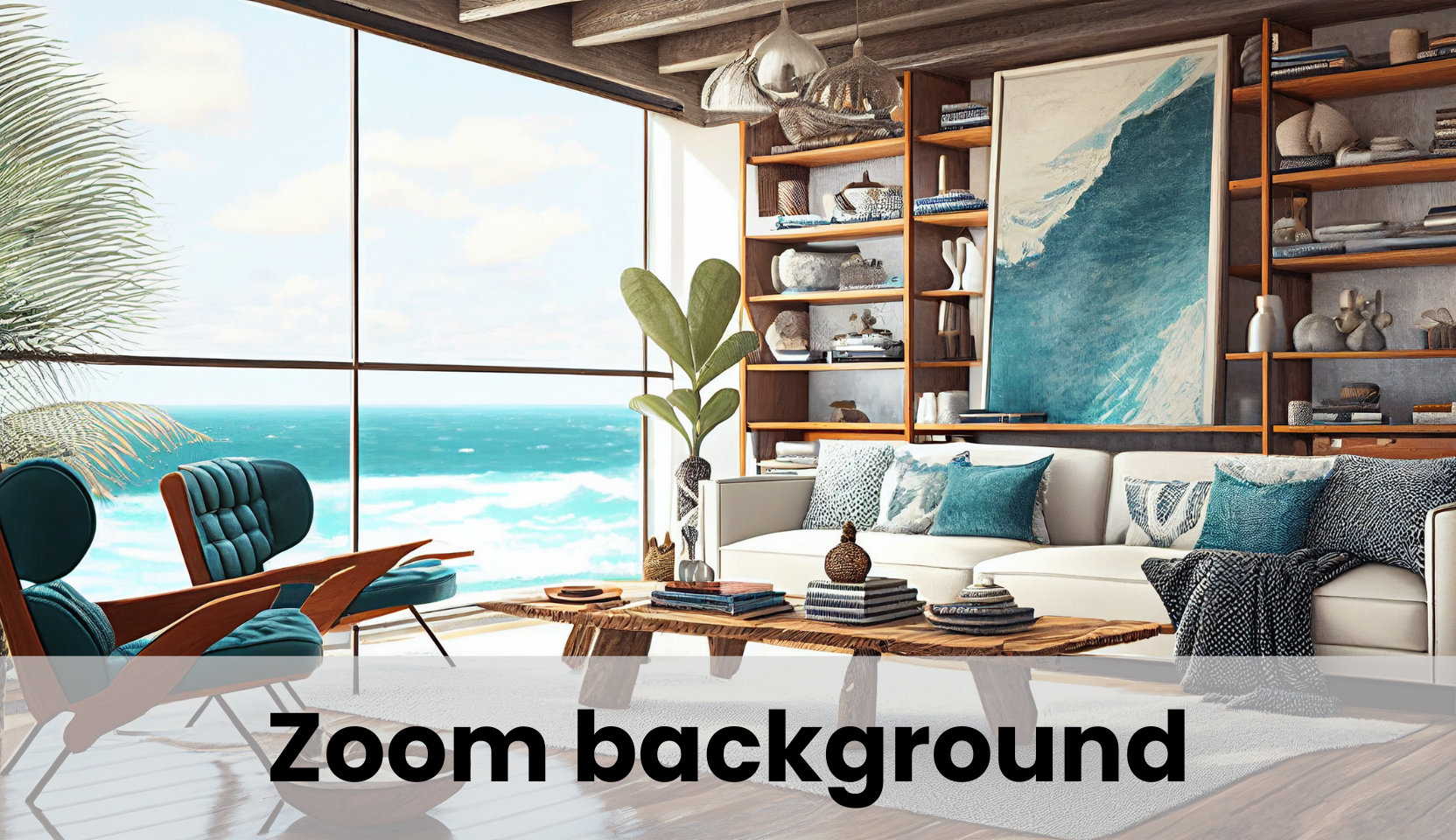 Zoom Virtual Background, Ocean Sea Island Views Modern Office Builtin