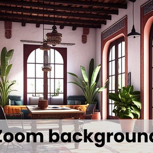 Zoom Virtual Background, Cinco de Mayo Background, Stylish Mexican Home Office with Plants for Video Background, Cinco de Mayo Theme