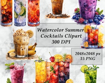 Watercolor Summer Cocktails Clipart – Tropical Cold Drinks, Juice, Lemonade PNG Set