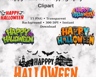 Paquete de imágenes prediseñadas de tipografía de Halloween: 15 gráficos PNG espeluznantes (descarga digital)