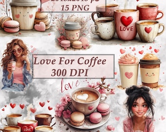 Watercolor Coffee Clipart: Mugs, Beans, Valentine's Day PNG Set (Digital Download, 15 Images)