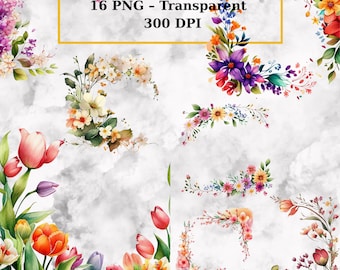 Watercolor Flower Frames Clipart – Floral Borders, Corners & Wreaths – Wedding Invitation PNG