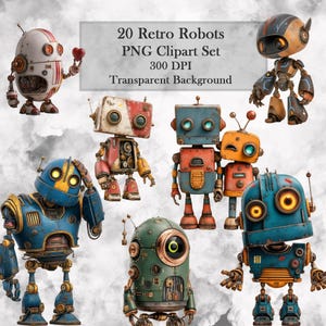 Whimsical Robot Clipart: Watercolor Steampunk PNG Stickers (Digital Download)