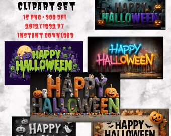 Clipart de Halloween: Calabazas espeluznantes, cementerio y letras (descarga digital, 15 PNG)
