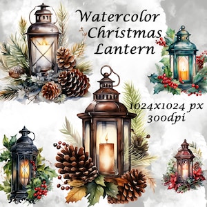 Watercolor Christmas Lantern Clipart: Traditional Winter Collection (PNG Files)