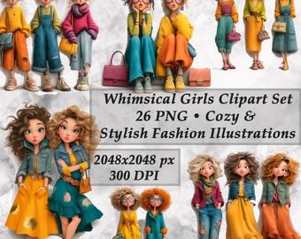 Whimsical Girls Clipart Set -26 PNG • Cozy and Stylish Fashion Illustrations