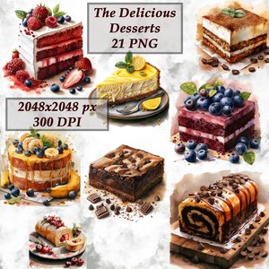 Leckere Desserts, Kuchen Clipart, Aquarell Kuchen, Geburtstagskuchen, Bäckerei, Backen, Schokolade, Tortenstück