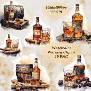 Op de afbeelding: Waterverf clipart set met whiskyflessen, glazen en vaten. De set bevat een verscheidenheid aan whiskyflessen, glazen en vaten, allemaal geschilderd in een aquarelstijl. De set is perfect voor gebruik in digitaal scrapbooken, kaartmaken en andere knutselprojecten.