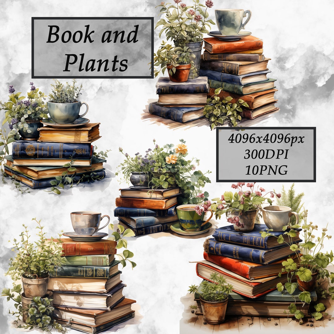 Vintage Books and Plants Clipart: Rustic Botanical PNG Set (digital ...