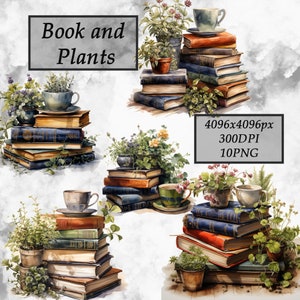 Livro e plantas clipart, conjunto de clipart de inspiração vintage livros e plantas, coleção de clipart de charme rústico livros e botânicos