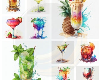 Clipart de cóctel de verano: margarita, martini y mojito en acuarela. Bebidas tropicales para invitaciones de fiesta y álbumes de recortes.