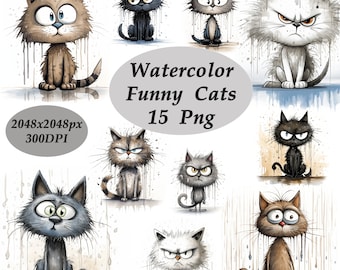 Clipart de gato en acuarela: 15 PNG divertidos y gruñones (descarga digital)