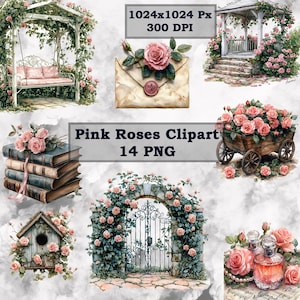 Pink Rose Garden Clipart: Vintage Watercolor Floral Illustrations (14 PNG)
