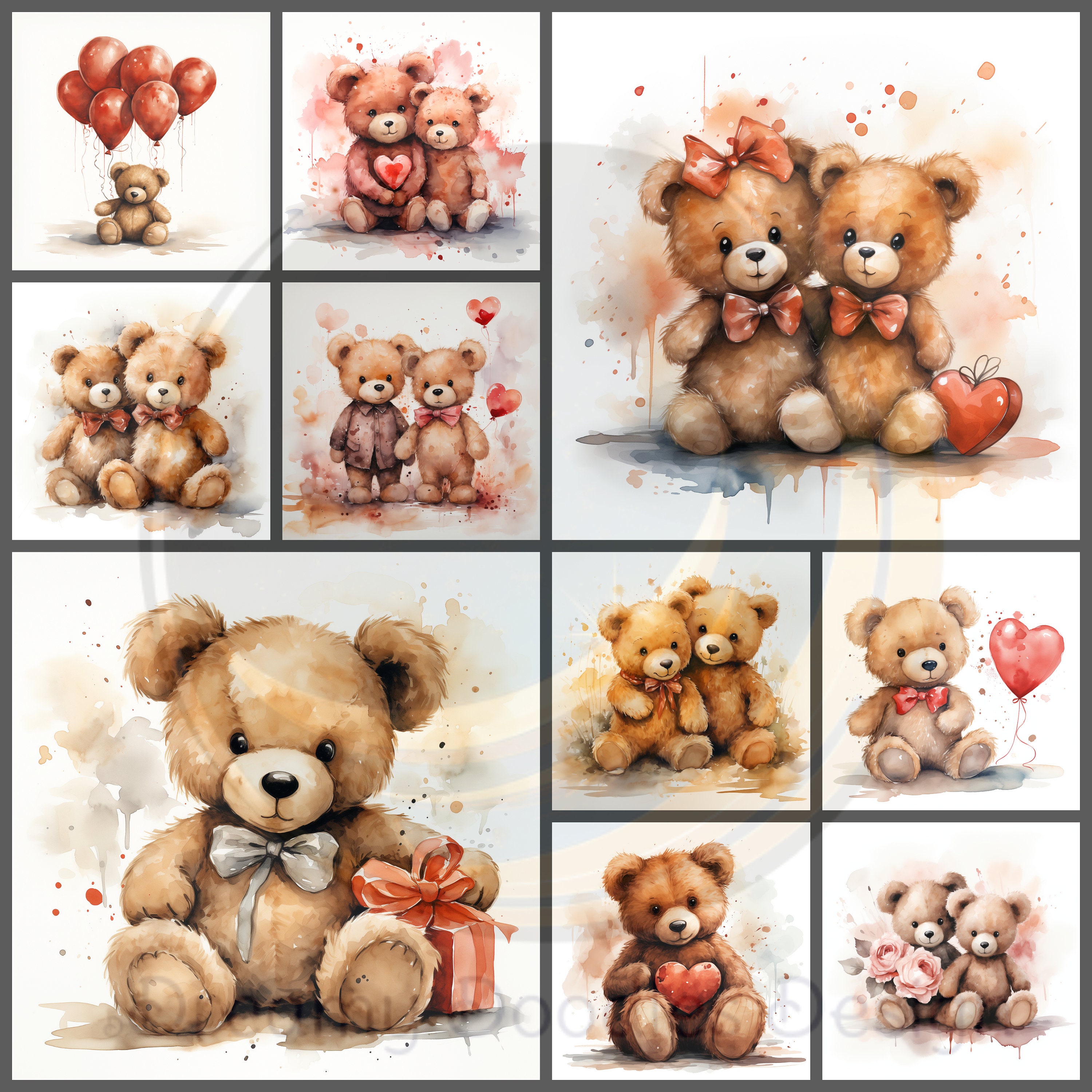 Watercolor Teddy Bear Clipart Bundle: Valentine's Day PNG Images ...