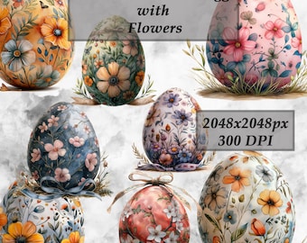 May include: Six watercolor Easter eggs decorated with colorful flowers. The eggs are arranged in a semi-circle on a white background. The eggs are all different colors and have different floral designs. The text "Watercolor Easter Egg with Flowers" is written in a white box at the top of the image. The text "2048x2048px 300 DPI" is written in a white box at the bottom of the image.