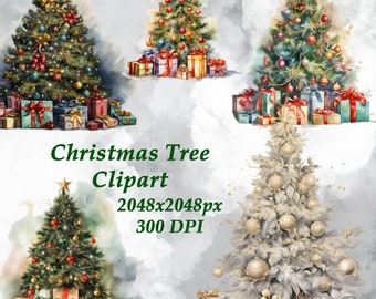 Clipart de árbol de Navidad en acuarela – Paquete PNG festivo – Conjunto de ilustraciones de vegetación invernal