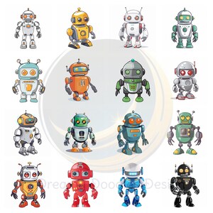 Puede incluir: Un conjunto de 14 robots de dibujos animados en varios colores y diseños. Los robots están de pie sobre un fondo blanco.