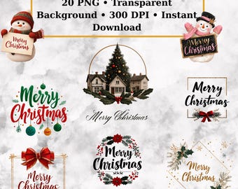 Merry Christmas Clipart Set – 20 PNG | Transparent Background | Christmas Lettering | Holiday Digital Download