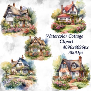 Watercolor Cottage Clipart Set: Cozy Countryside PNG Illustrations