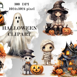 Watercolor Halloween Clipart Set: Spooky Pumpkins & Ghosts PNG (Digital Download)